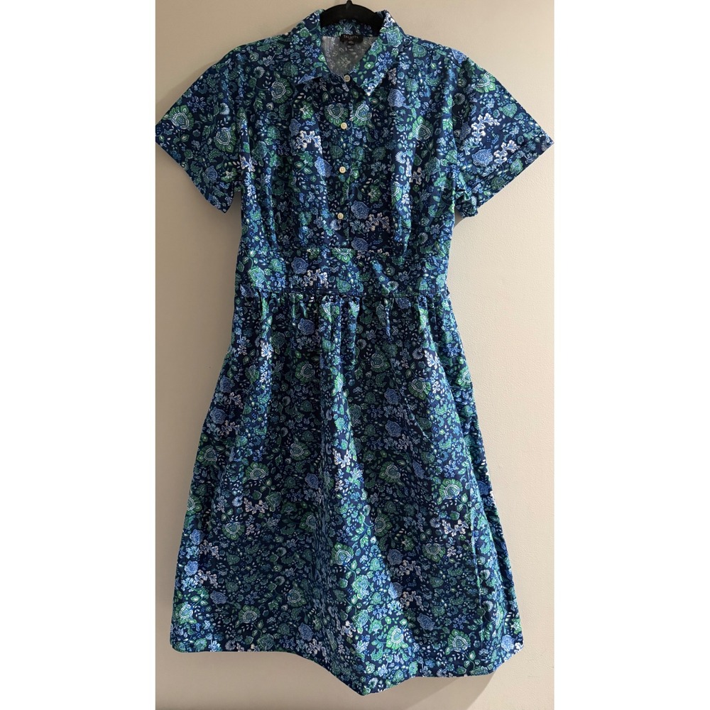 Talbots Shirt Dress Womens 12P Blue Green Floral Cotton Smocked Waist Excellent